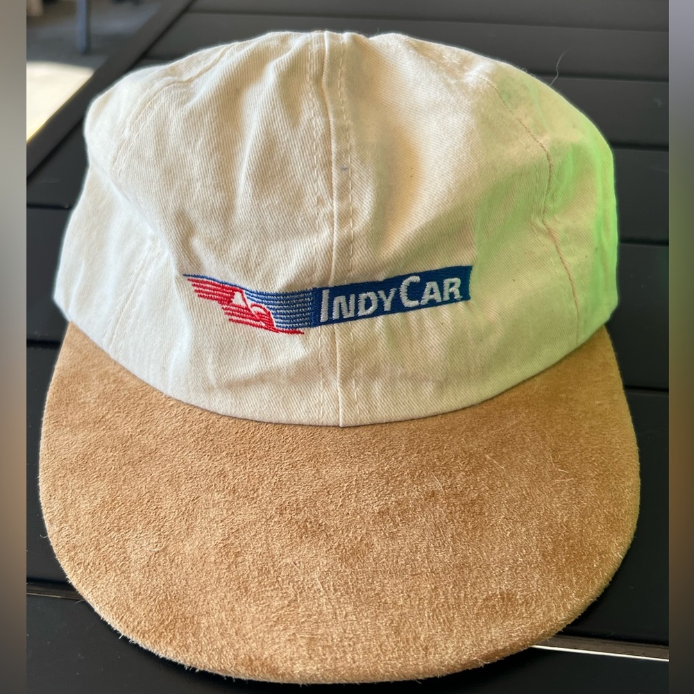 Vintage cream indy car floppy hat with leather adjustable strap